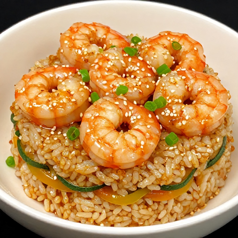 One serving of sesame garlic shrimp rice stack plated in a shallow white bowl, garnished with sesame seeds and sliced green onion.