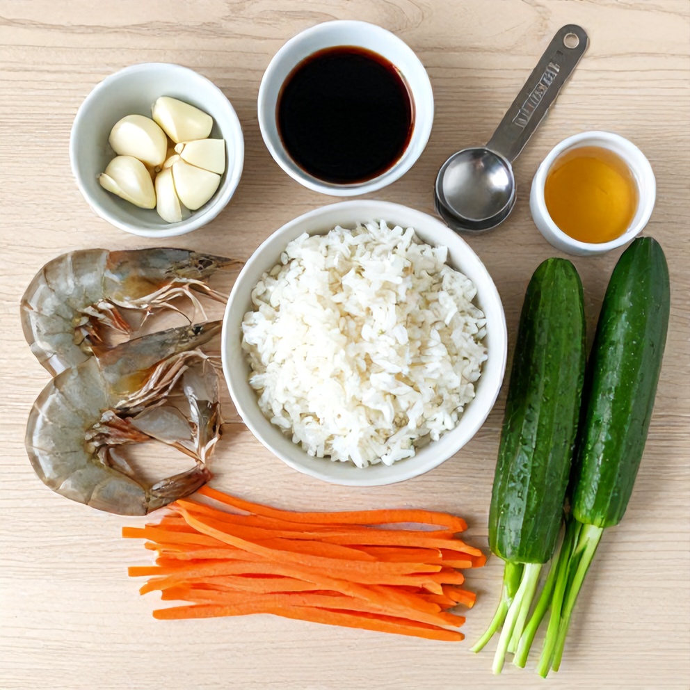 Raw shrimp, jasmine rice, soy sauce, garlic, green onions, and cucumbers arranged in prep bowls with measuring spoons and cups. Bright light overhead.