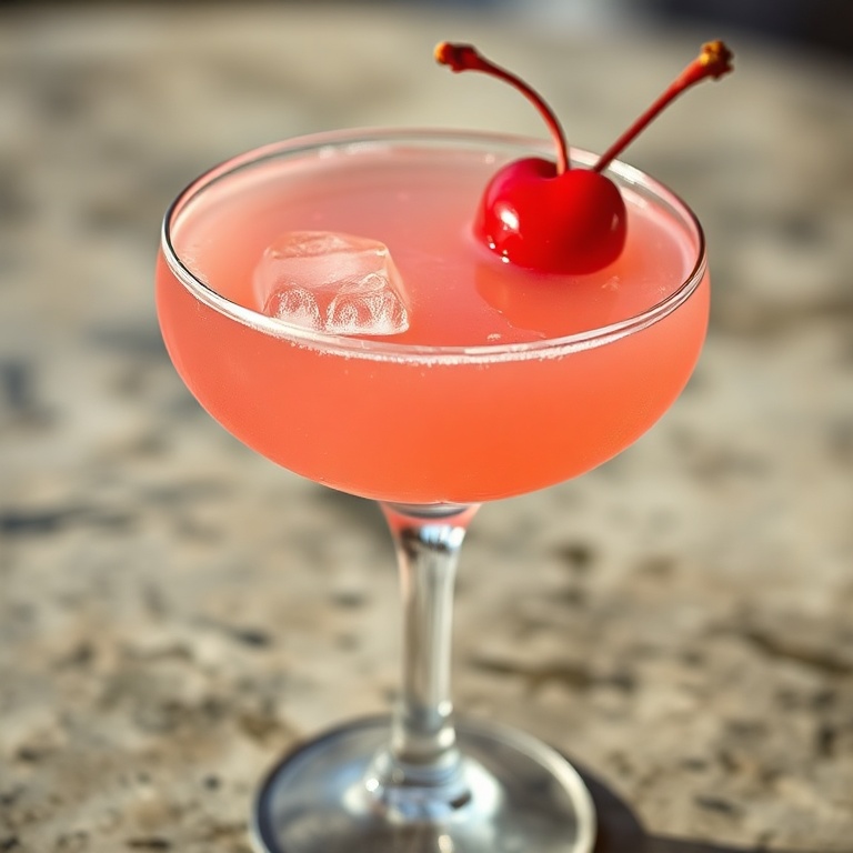 A perfectly plated Sex on the Beach cocktail in a coupe glass. Garnished with a cherry. Close crop showing the pink color and glossy texture. Warm side lighting. Photorealistic food photography. No text. No watermark.