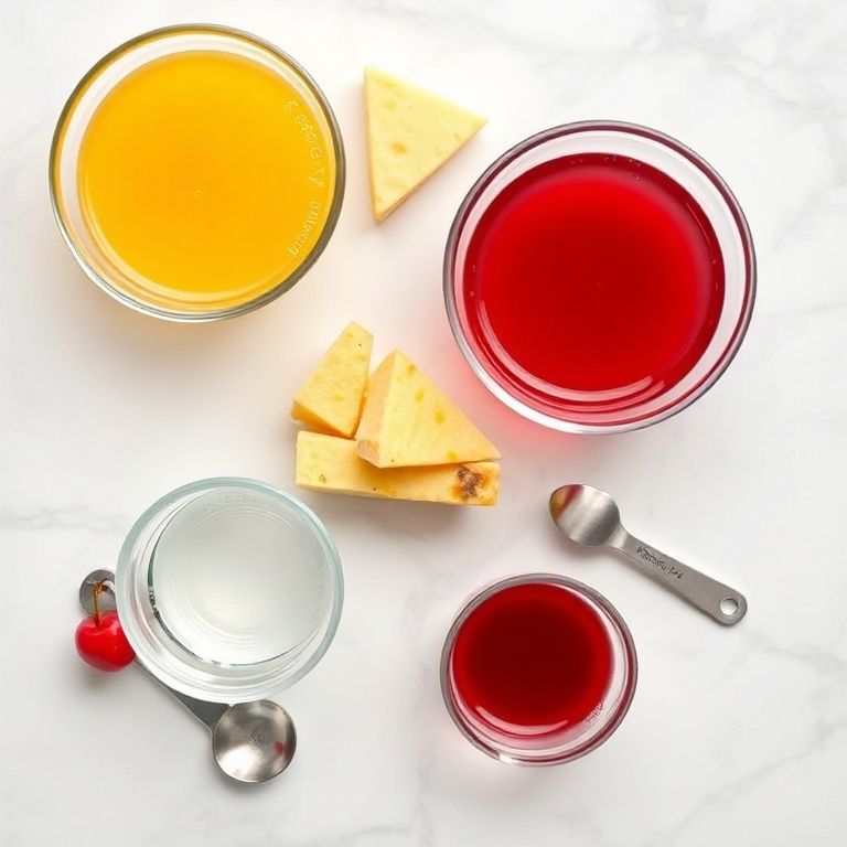 Overhead flat lay of the raw ingredients for the Sex on the Beach cocktail. Key ingredients: orange juice, pineapple juice, cranberry juice, Vodka, and a cherry. Prep bowls, measuring spoons, and cups visible. White marble surface. Bright even light. Photorealistic food photography. No text. No watermark.