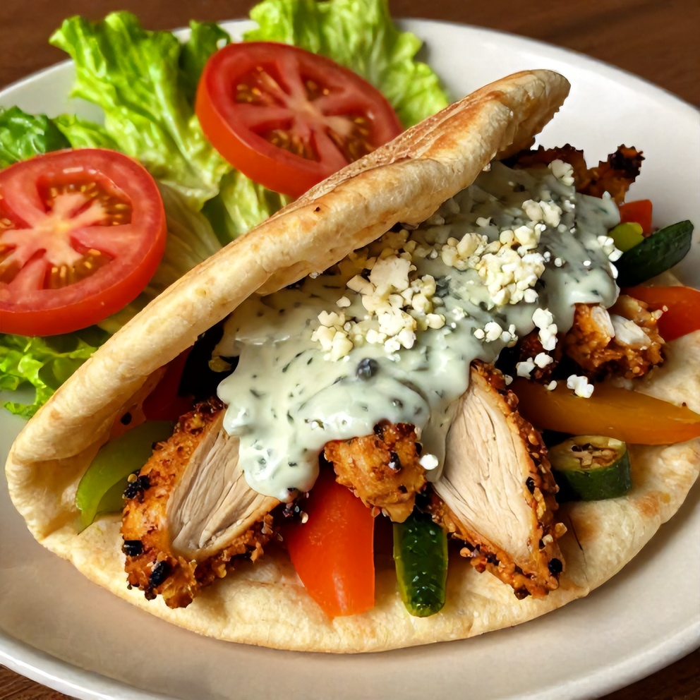 Plated Sheet Pan Chicken Pitas with Herby Ranch Sauce
