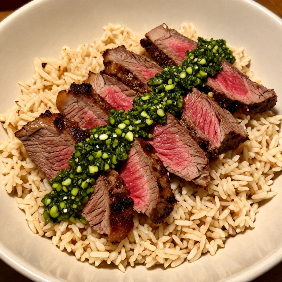 Finished Easy Skirt Steak Rice Bowls with Fresh Chimichurri Sauce
