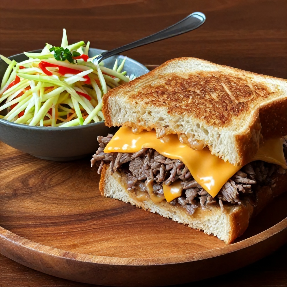 Plated beef and cheddar sandwiches with a side of fresh green papaya salad