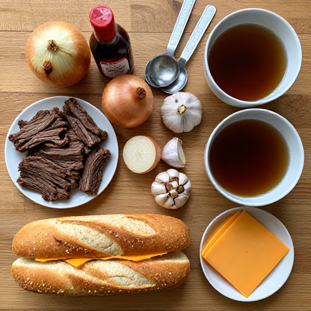 Ingredients for beef and cheddar sandwiches laid out on a wooden surface