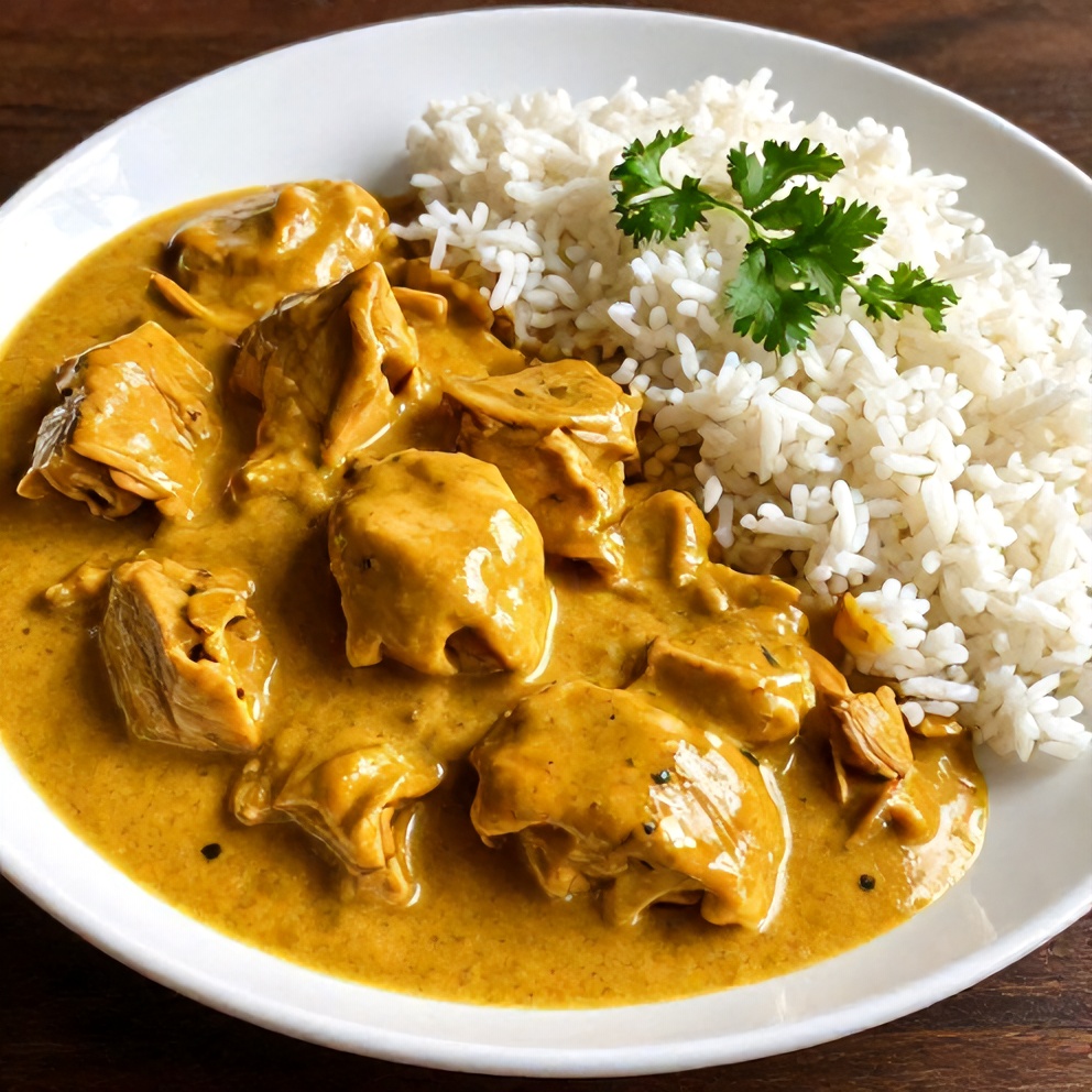 Plated Slow Cooker Chicken Curry with steamed rice and fresh cilantro