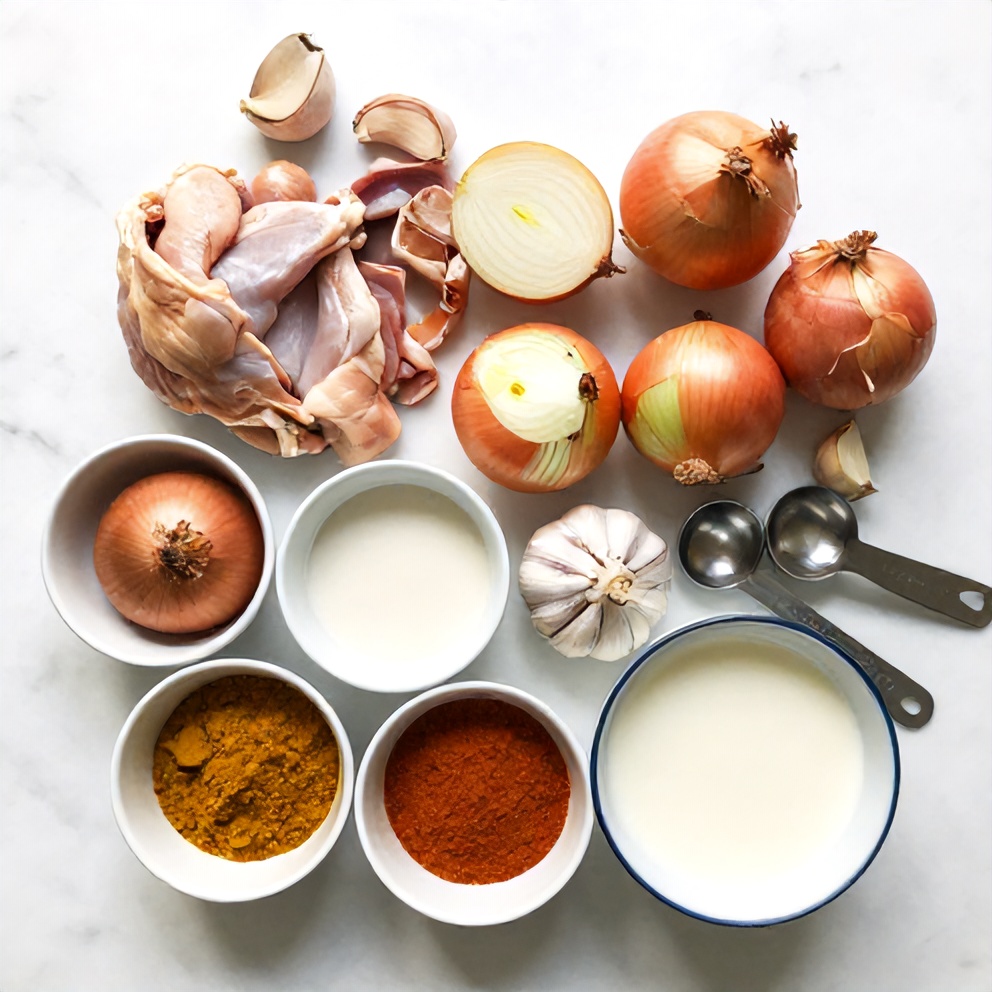 Raw ingredients for Slow Cooker Chicken Curry - chicken, onions, garlic, curry powder, coconut milk, and more