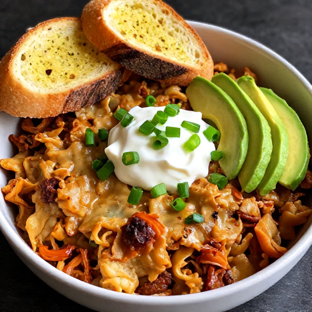 Plated serving of Easy Slow Cooker Cowboy Casserole with a side of garlic bread
