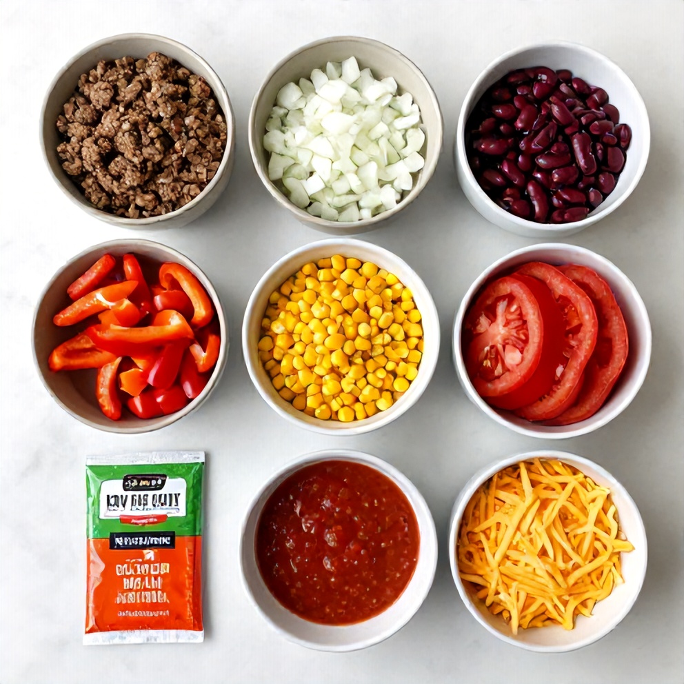 Raw ingredients for Easy Slow Cooker Cowboy Casserole laid out on a wooden surface