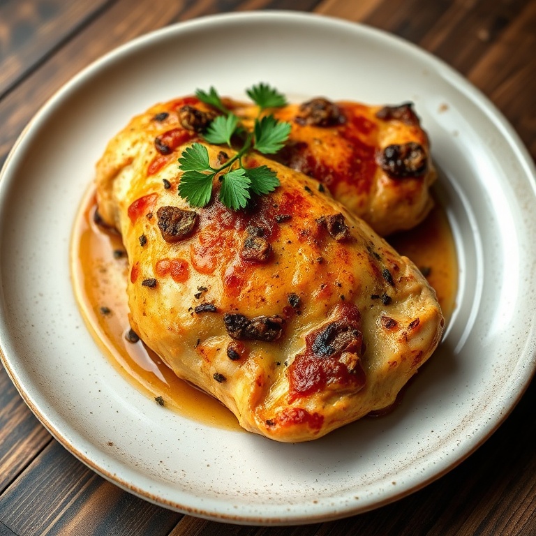 A perfectly plated serving of slow cooker greek chicken with a garnish of fresh parsley. The chicken is juicy, with a golden crust and a deep flavor. The plate is rustic and inviting, perfect for a homemade meal.