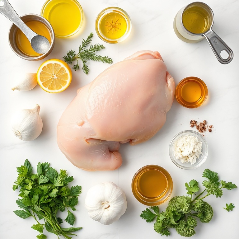 All the raw ingredients for this recipe arranged in a neat overhead flat lay. The main ingredients include chicken, garlic, lemon, olive oil, and herbs. Measuring tools and bowls are visible in the background.
