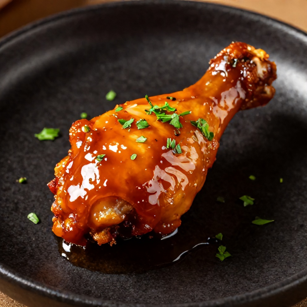 A generous serving of honey BBQ chicken drumsticks garnished with chopped parsley on a dark ceramic plate, glossy sauce, warm lighting showing juicy texture.