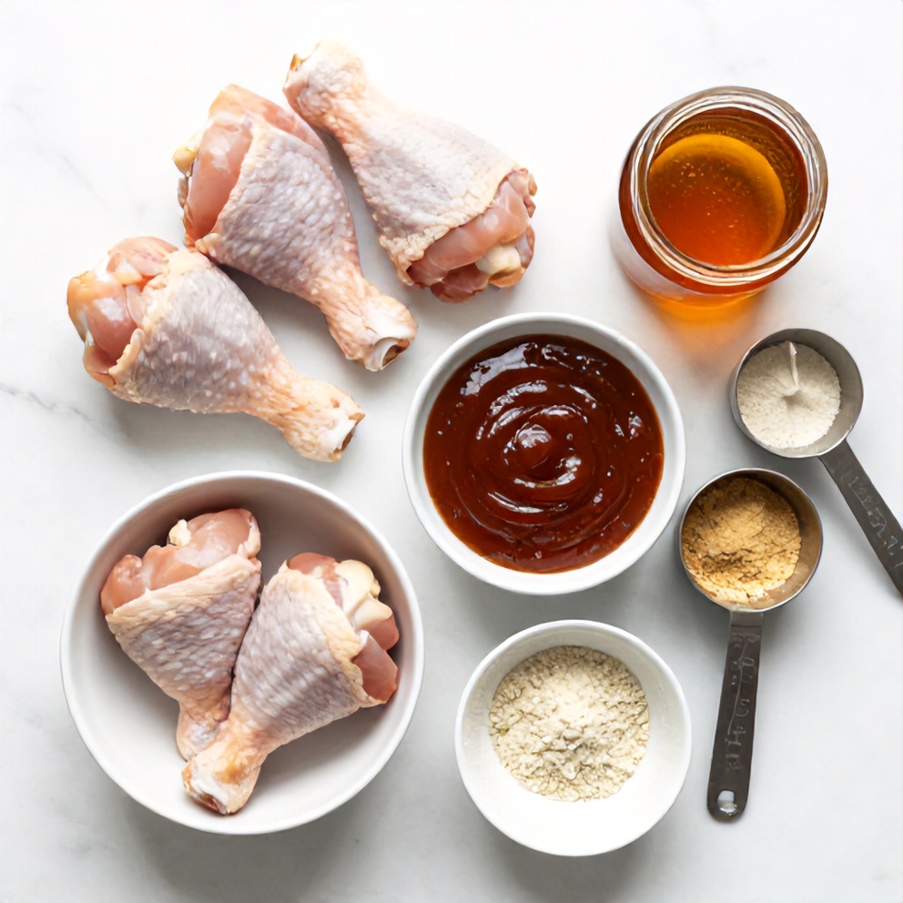 Raw chicken drumsticks, honey, BBQ sauce, garlic powder, and onion powder arranged neatly in prep bowls on a white marble surface under bright light.