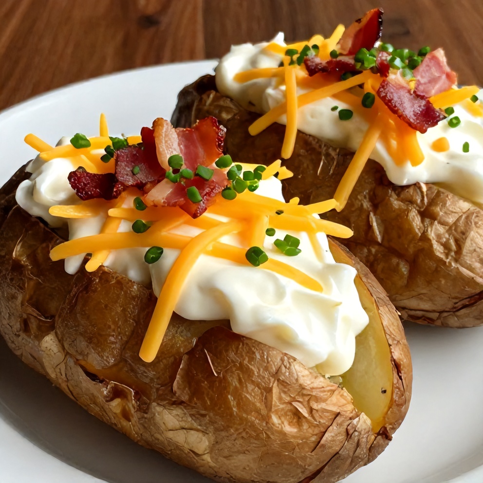 Plated loaded baked potatoes with sour cream and bacon