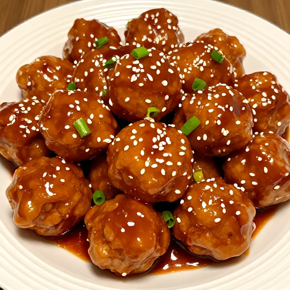 Plated serving of sweet and sour meatballs