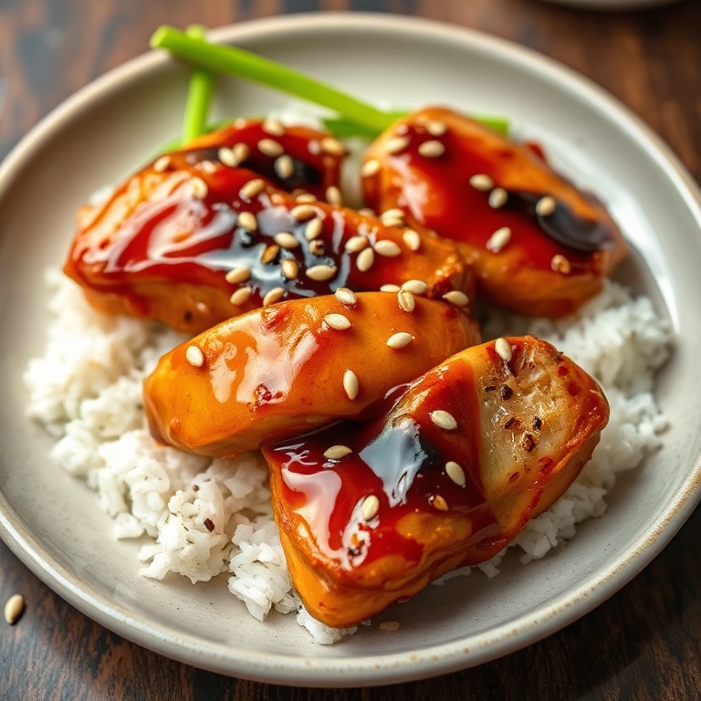 Perfectly plated teriyaki chicken with glaze. Garnished with sesame seeds. Close crop. Warm lighting showing texture. Photorealistic food photography.