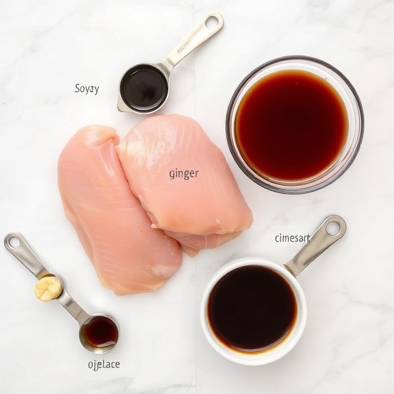 Raw chicken, soy sauce, ginger, garlic, and teriyaki sauce in a flat lay. Measuring spoons and bowls visible. White marble surface. Bright even light.