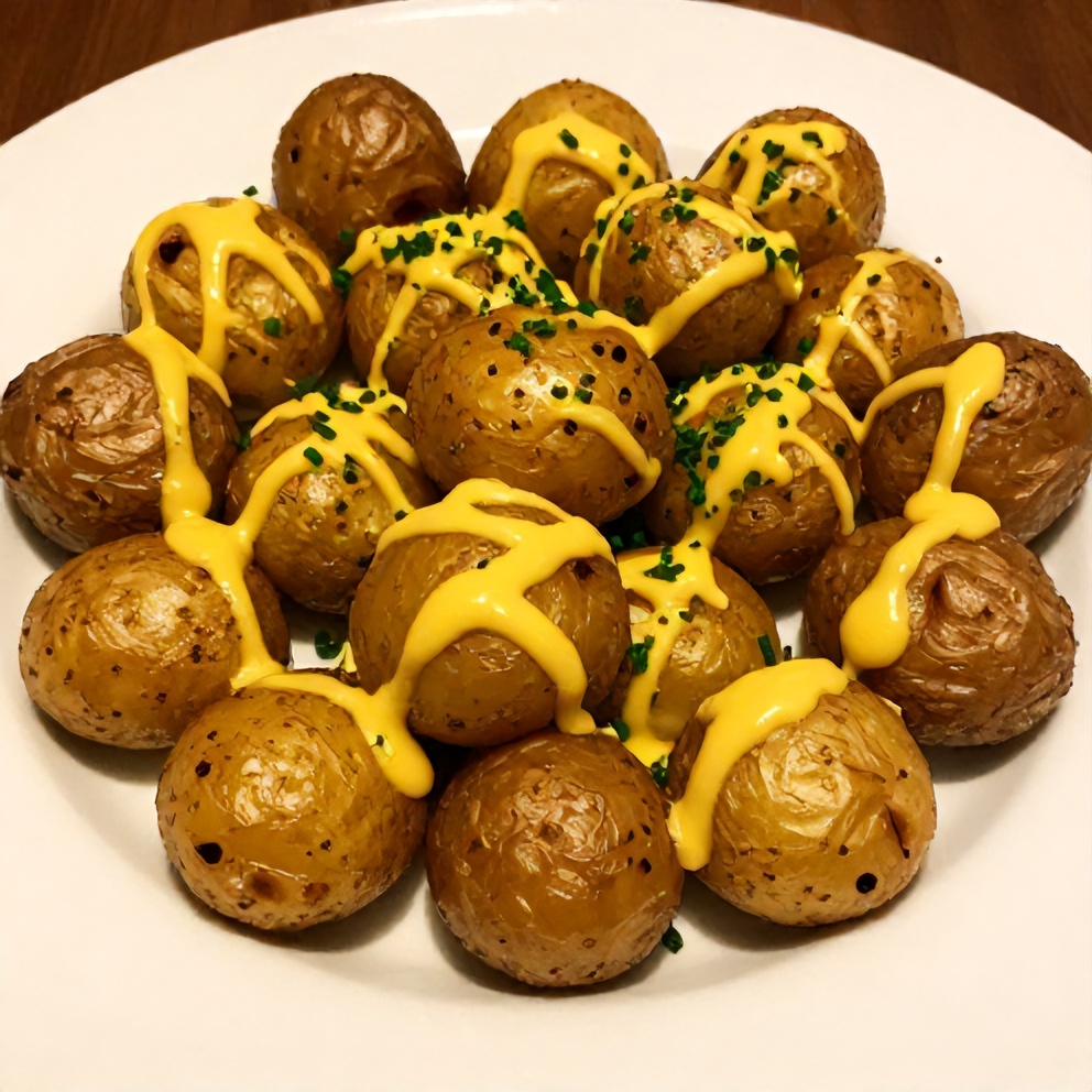 Plated smoked baby potatoes with beer mustard