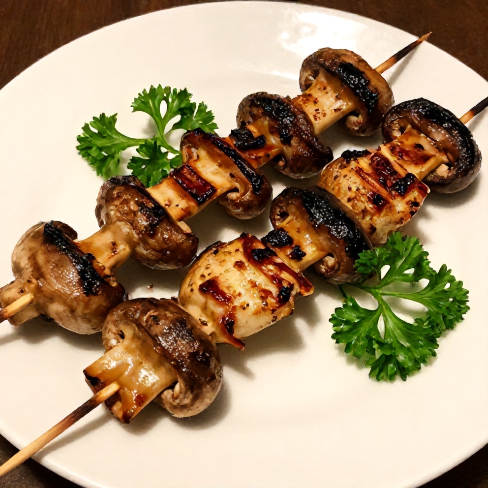 Plated smoky grilled mushroom skewers with parsley garnish