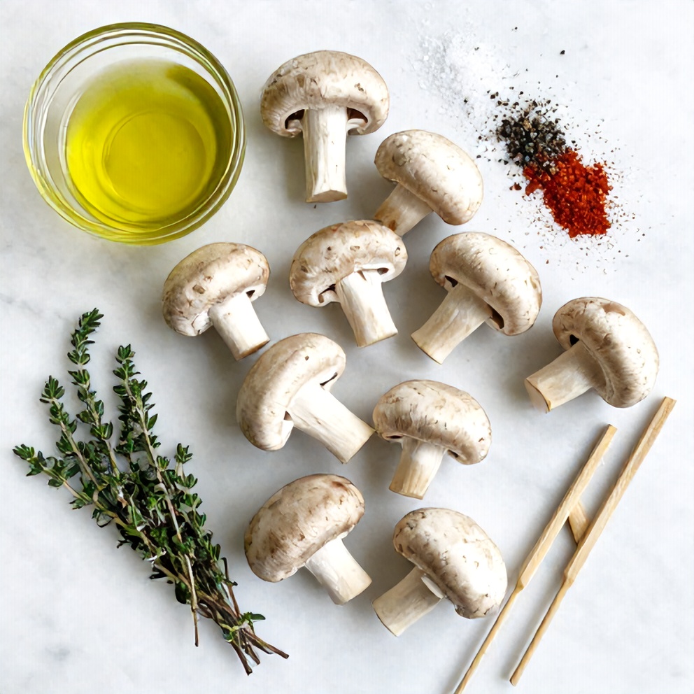 Raw mushrooms, skewers, olive oil, and seasonings laid out on a wooden board