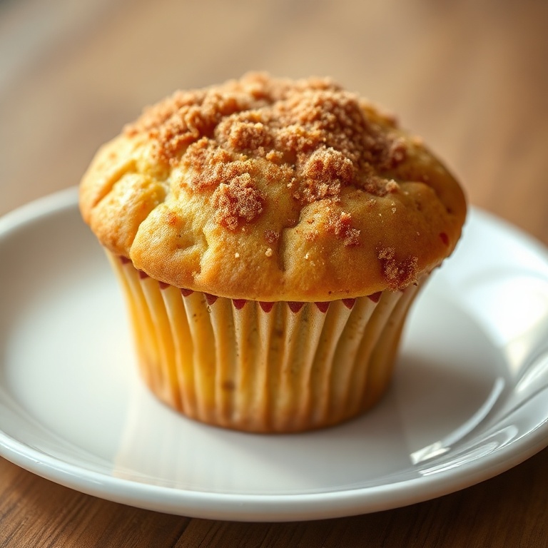 One perfect muffin with a brown sugar sprinkle. Close crop. Warm side lighting showing texture. White plate. Photorealistic food photography style.