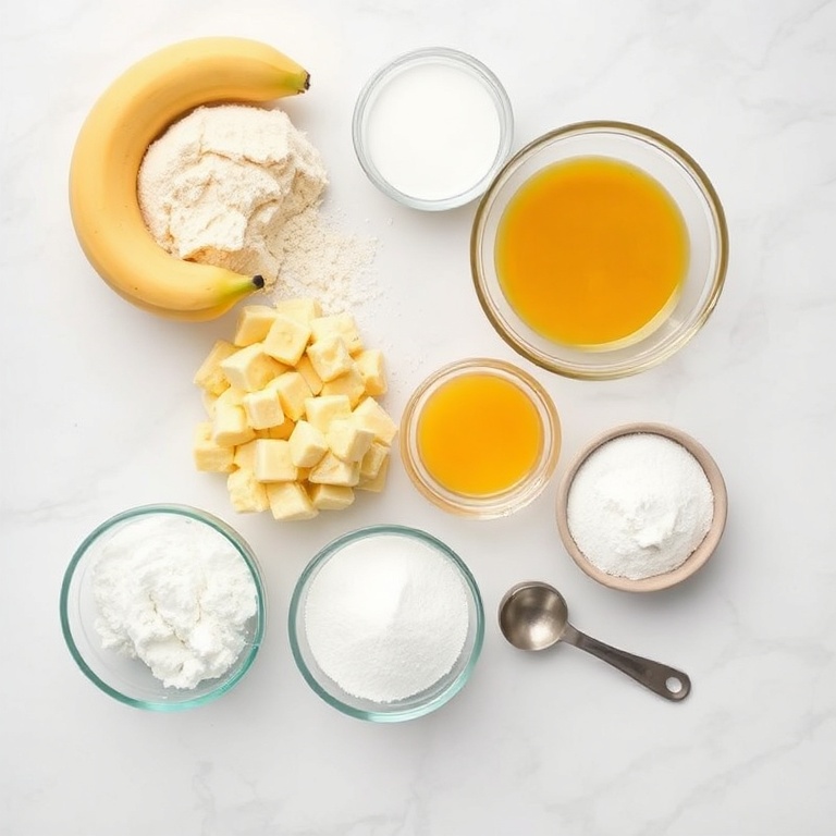 Overhead flat lay of flour, mashed bananas, sourdough starter, sugar, and eggs. Measuring spoons and bowls visible. White marble surface. Bright even light.