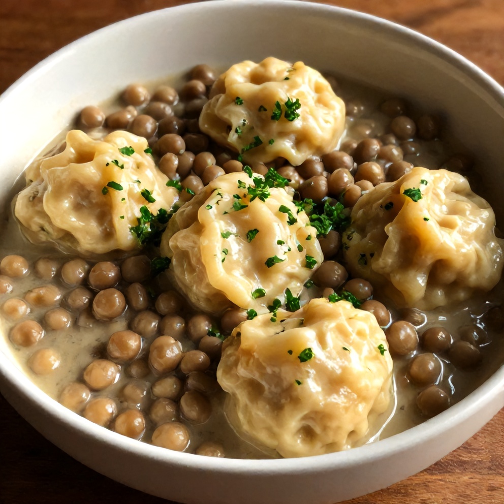 One perfect serving of Southern Peas and Dumplings on a deep bowl, garnished with chopped parsley, with warm side lighting showing the creamy texture.
