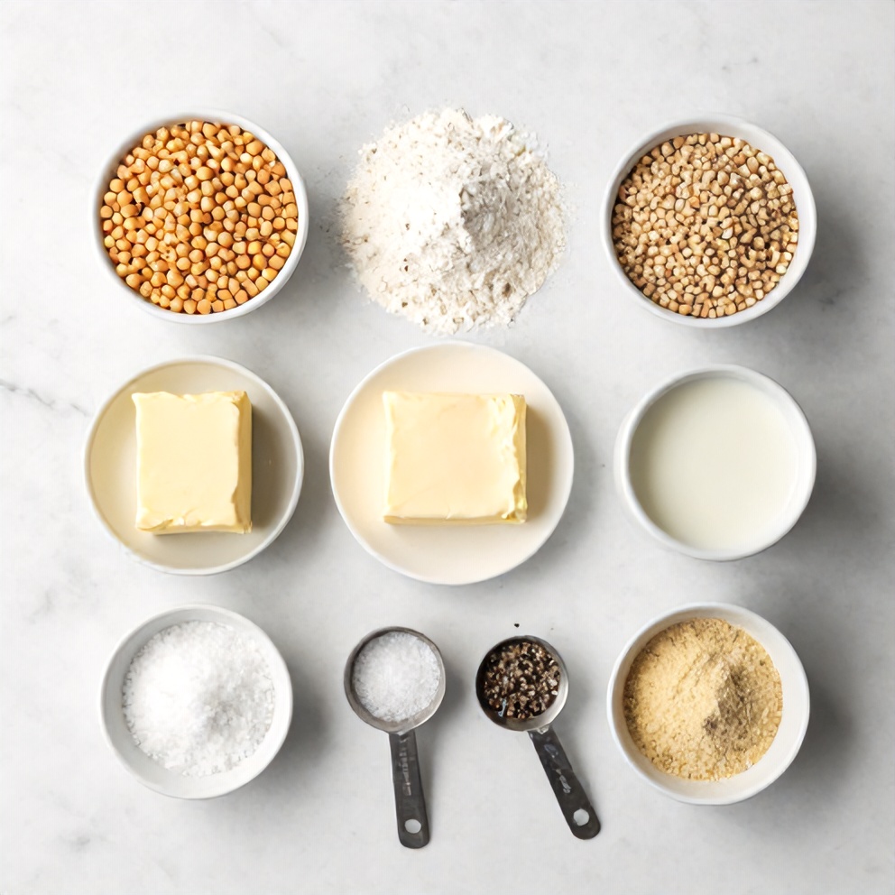 Overhead flat lay of dried peas, flour, butter, milk, salt, pepper, and garlic powder, with measuring spoons and bowls, on a white marble surface under bright even light.