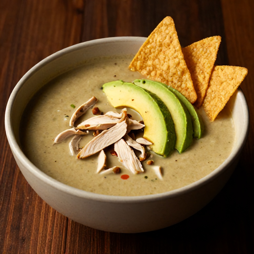 Bowl of Southwest Chicken Soup with avocado and tortilla strips