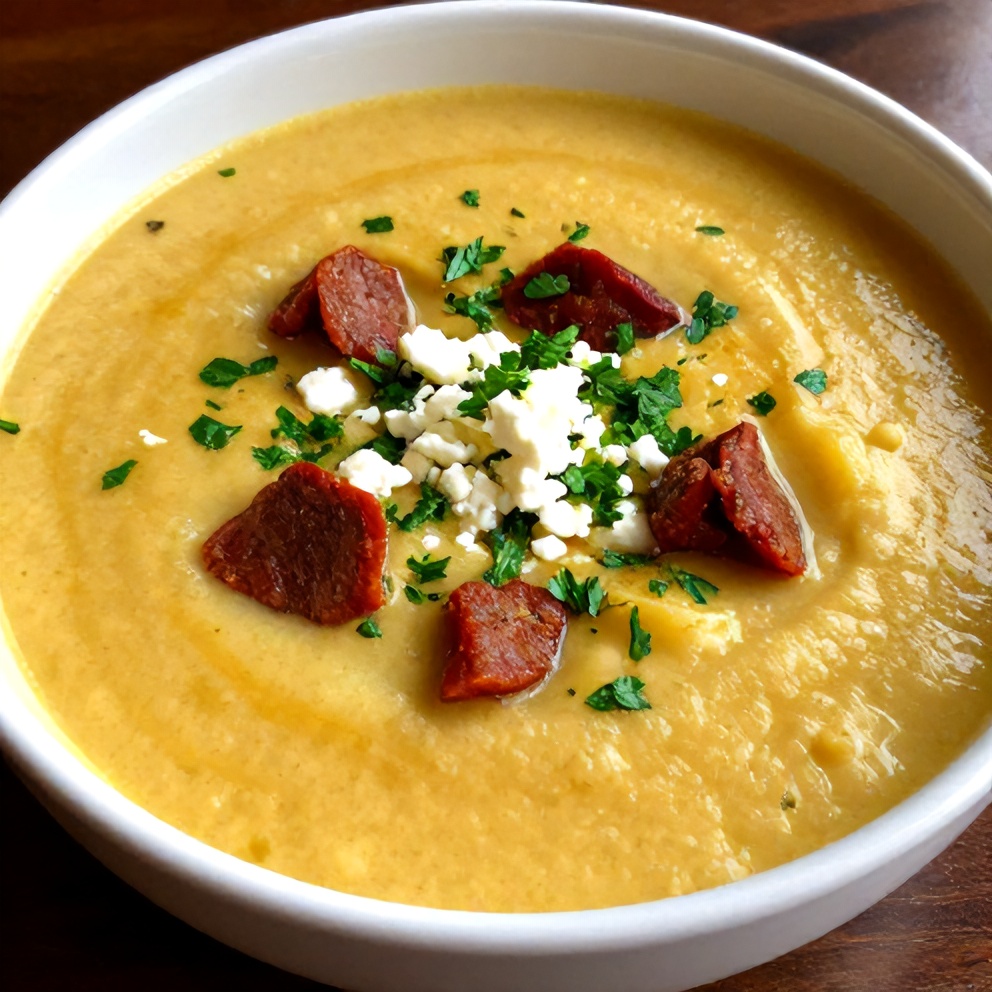 Spanish Potato Soup with Chorizo Served in Bowl