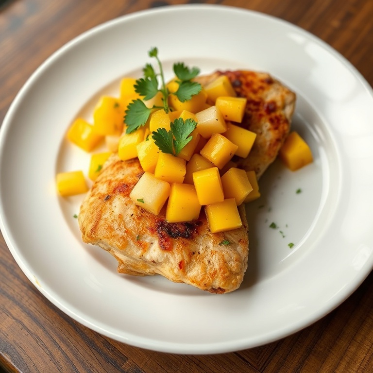 Perfectly plated chicken with fresh mango salsa on a white ceramic plate. Cilantro garnish visible. Warm side lighting. Photorealistic food photography.