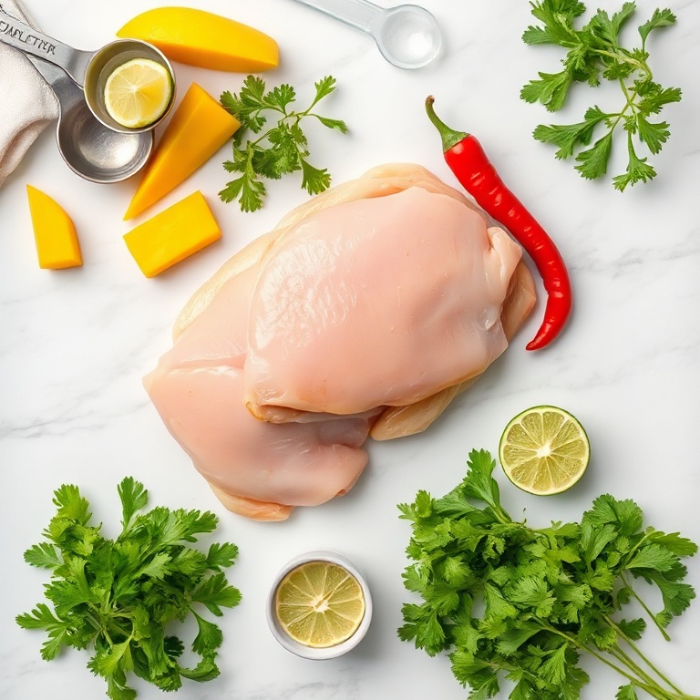 Raw chicken, mango, chili, cilantro, and lime arranged in an overhead flat lay. Measuring spoons and bowls visible. White marble surface. Bright even light. Photorealistic food photography.