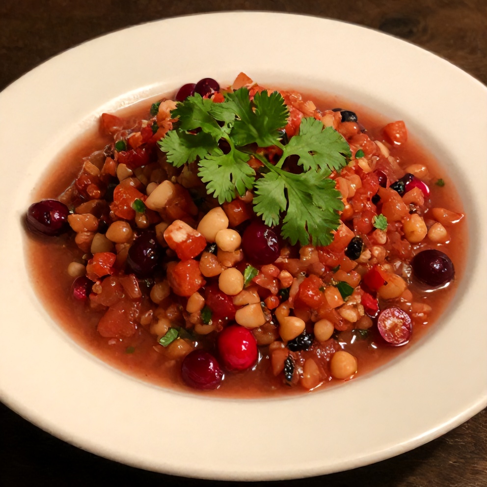 One serving of Easy Spicy Cranberry Salsa on a white plate, warm side lighting showing the vibrant colors and textures