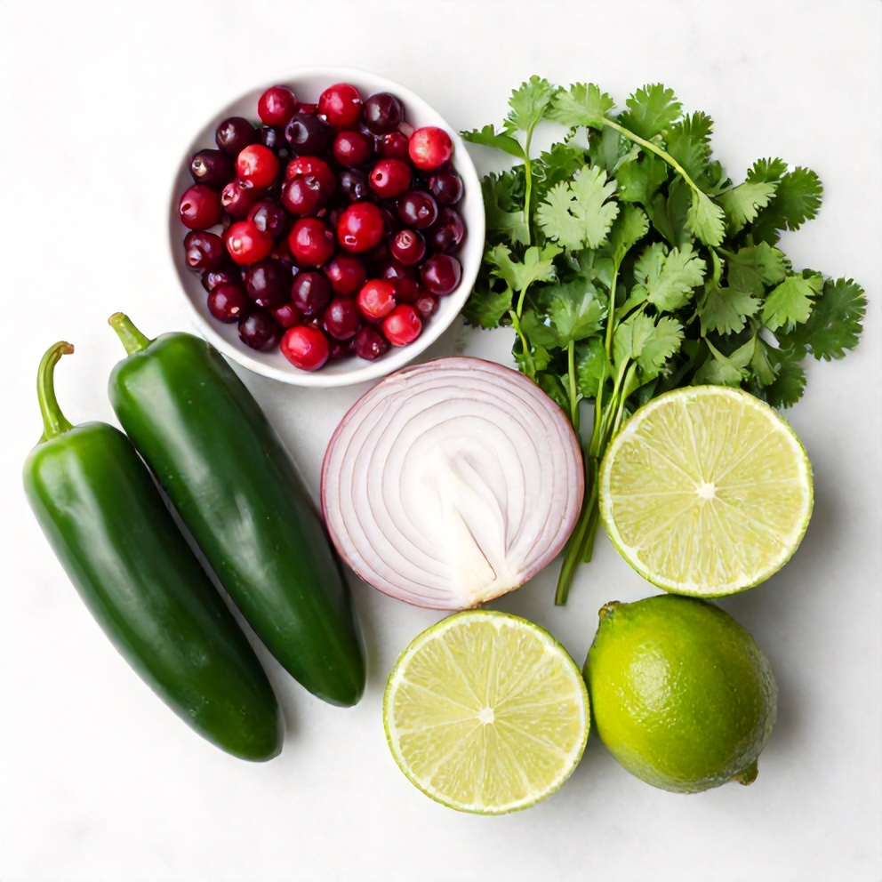 Raw ingredients for Easy Spicy Cranberry Salsa in an overhead flat lay, including cranberries, jalapeƱo, onion, cilantro, and lime, on a white marble surface