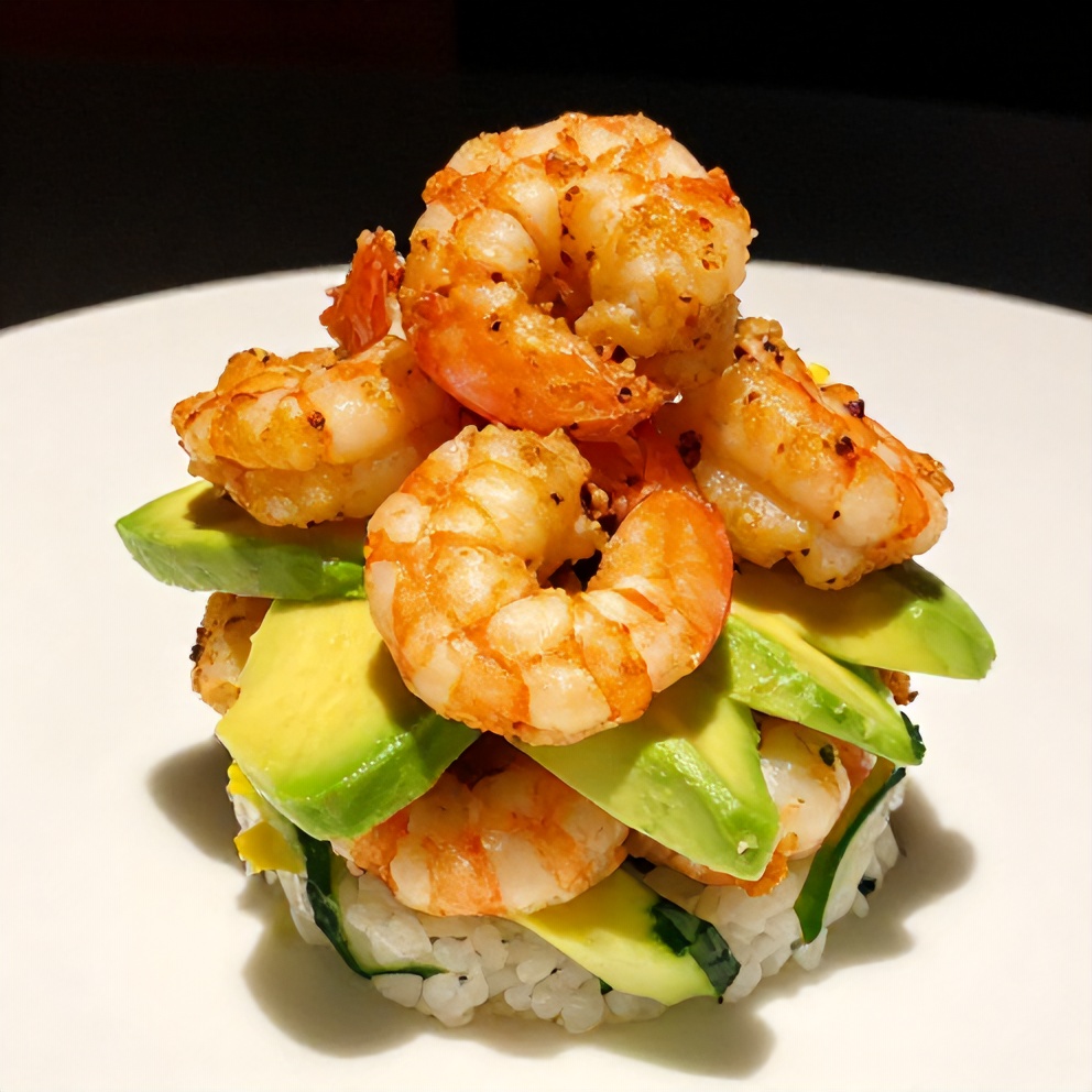Plated Spicy Shrimp Sushi Stacks on a white plate