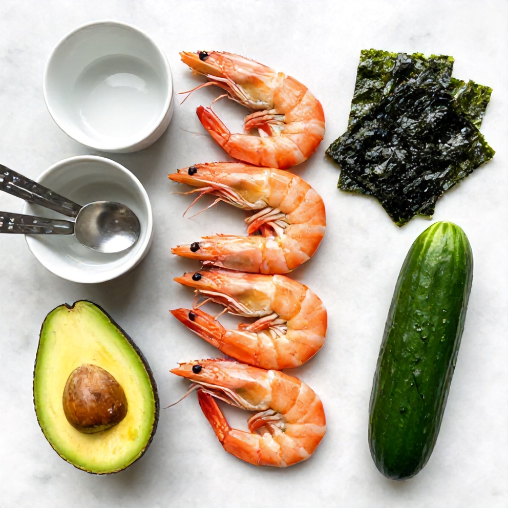 Raw ingredients for Spicy Shrimp Sushi Stacks on a white marble surface