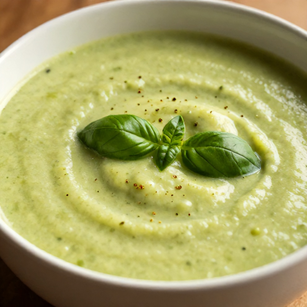 Bowl of creamy zucchini basil soup with a sprinkle of fresh basil