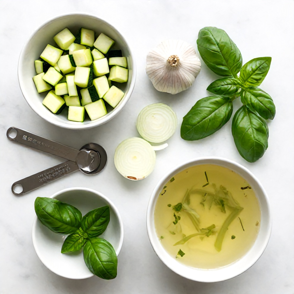 Raw ingredients for Easy Spring Zucchini Basil Soup