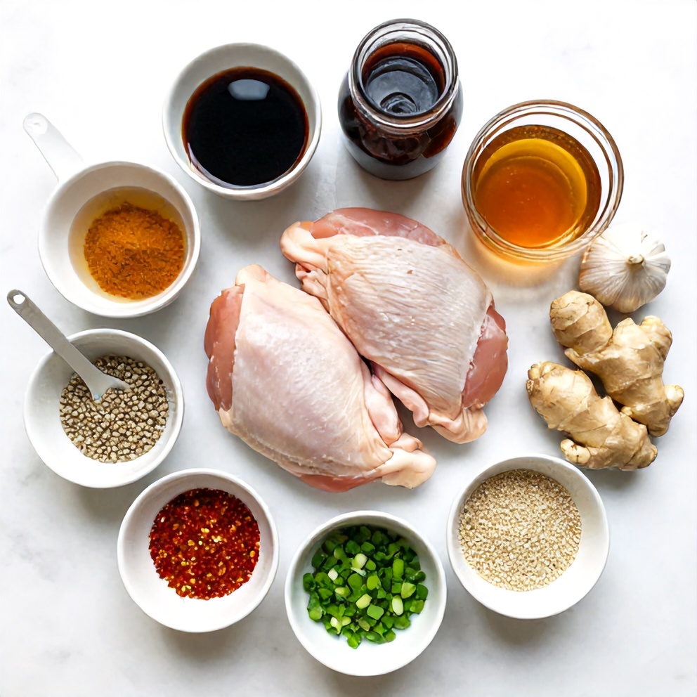 Raw ingredients for Sticky Char Siu Chicken on a marble surface