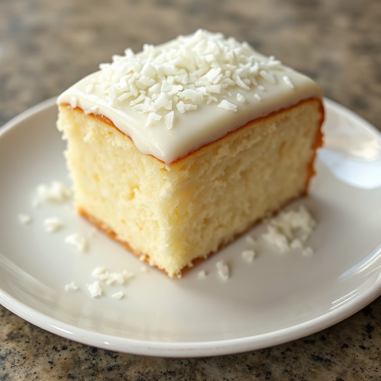 A perfect plated coconut cake with a light coconut glaze. Garnished with shredded coconut. Close crop showing texture. Warm lighting highlights the top.