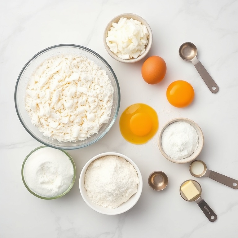 All raw ingredients for coconut cake arranged in an overhead flat lay. Flour, coconut, sugar, eggs, and butter visible. Measuring spoons and cups on the side. Bright even light. White marble surface.