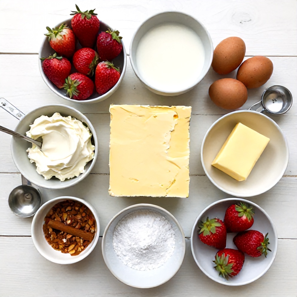 Strawberry Earthquake Cake ingredients on a marble counter