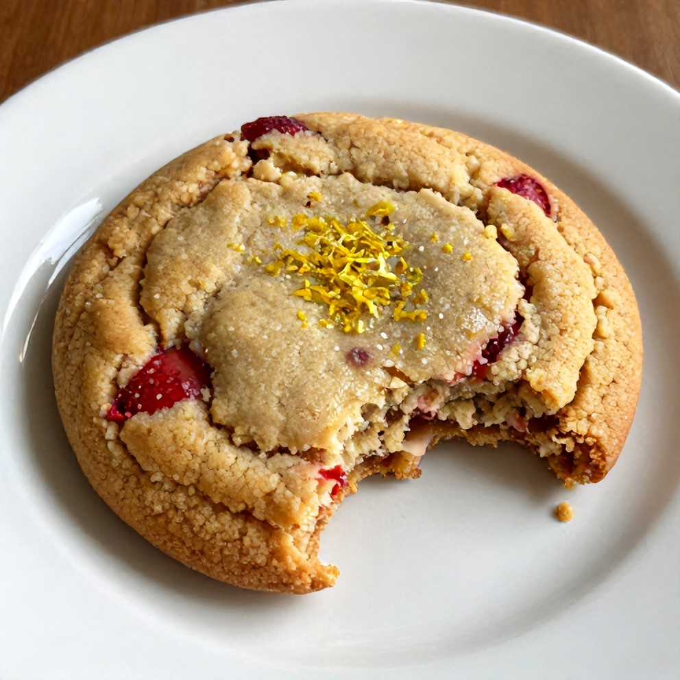 One strawberry lemonade cookie on a white plate, sprinkled with fresh lemon zest and strawberry pieces. The soft, chewy texture visible in a broken edge.