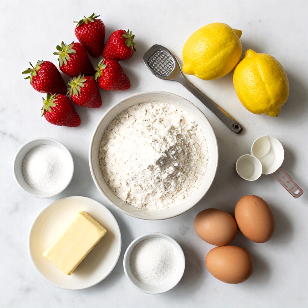Overhead flat lay of fresh strawberries, lemons, flour, sugar, and eggs arrayed for strawberry lemonade cookies on white marble with bowls and spoons.