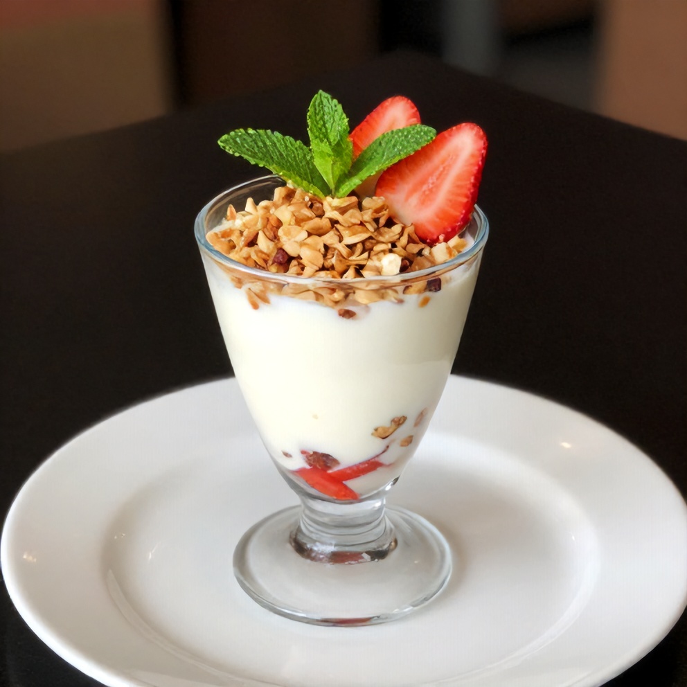 A single serving of strawberry yogurt parfait topped with fresh mint in a clear dessert glass bowl, placed on a white plate with warm lighting highlighting the layers.