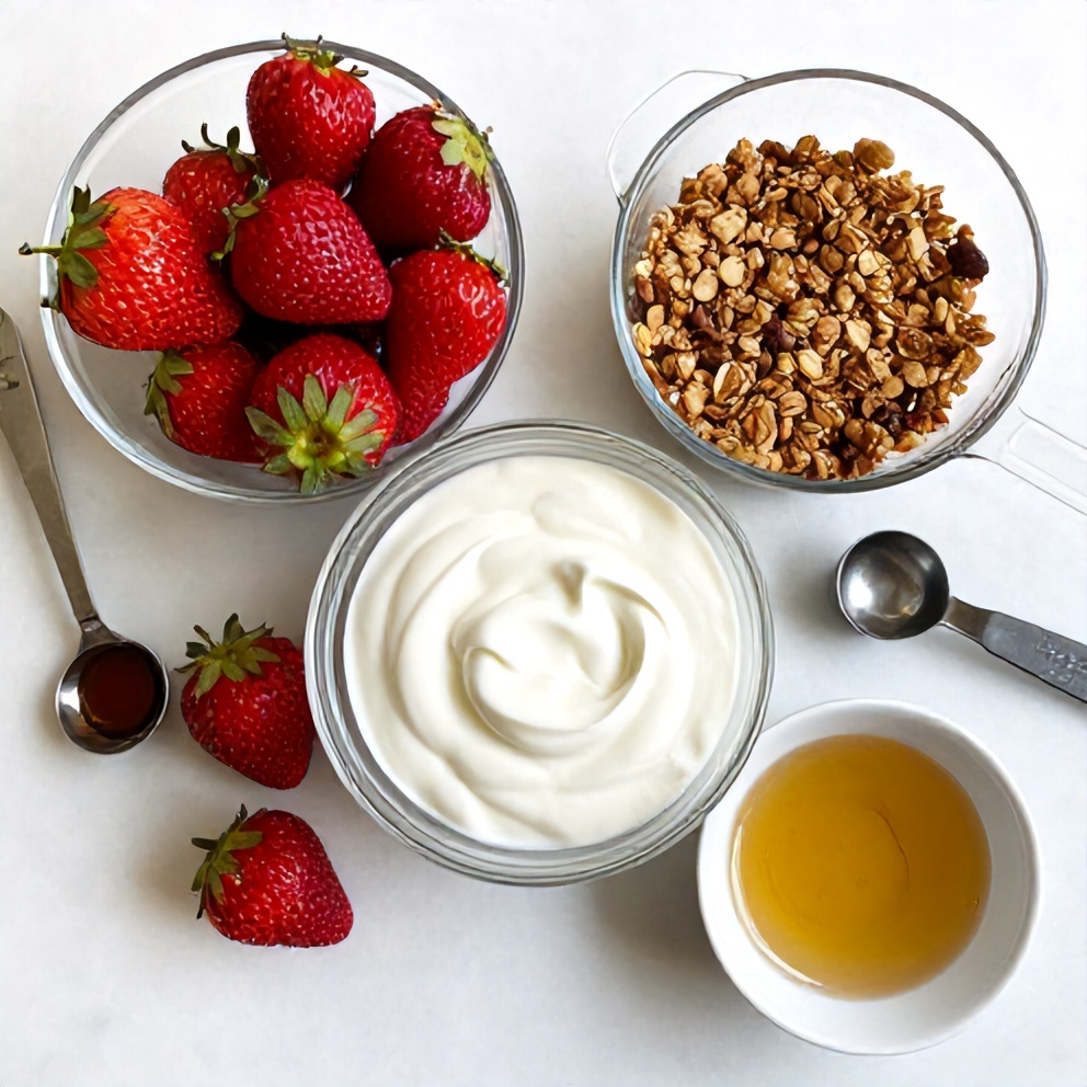 Overhead view of strawberries, plain Greek yogurt, granola, honey, and vanilla extract arranged on a white marble surface with prep bowls and spoons visible.
