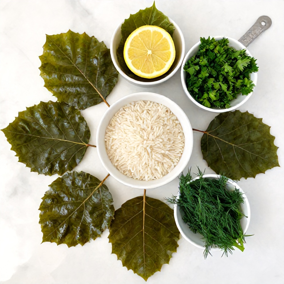 Raw Ingredients for Easy Stuffed Grape Leaves