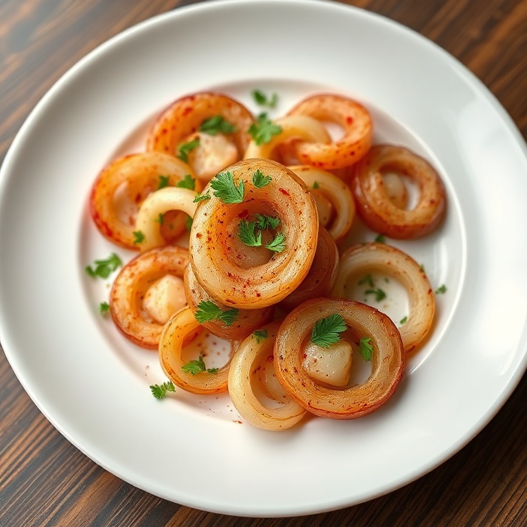 Perfectly plated sumac onions with a sprinkle of parsley on a white ceramic plate. Warm lighting highlights the texture. Photorealistic food photography. No text. No watermark.