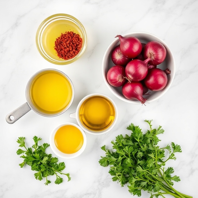 Fresh red onions, sumac, olive oil, lemon juice, and parsley arranged on a white marble surface. Measuring spoons and bowls visible. Bright even light. Photorealistic overhead food photography. No text. No watermark.