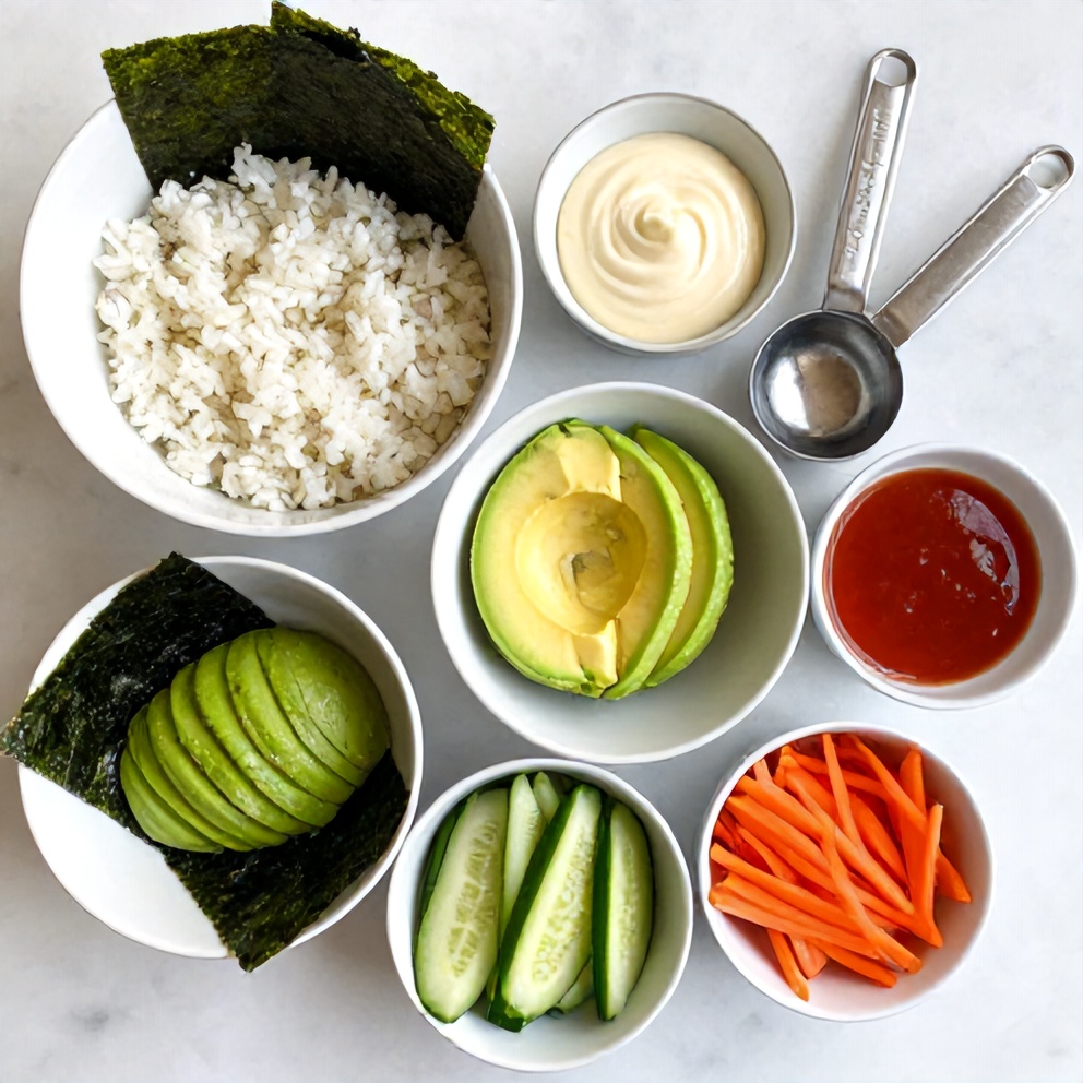 Overhead view of sushi rice, nori sheets, avocado, cucumber, and carrots with prep bowls and measuring spoons on white marble.