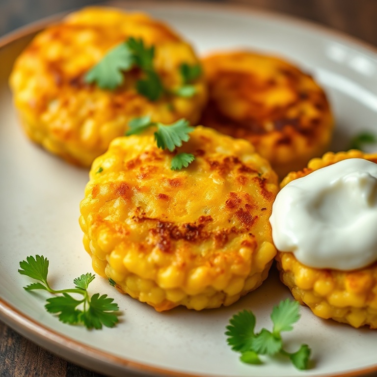 Perfectly plated sweet corn cakes with a drizzle of sour cream and fresh cilantro.